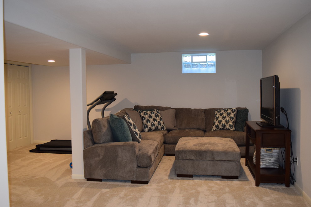 Small transitional basement in Milwaukee with carpet.