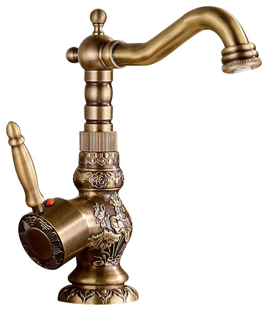 Antique Long Neck Brass Body BathroomKitchen Sink Faucet With Hot and Cold Mixer Traditional