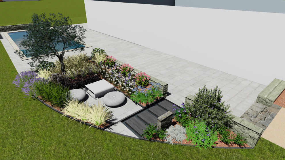 Small modern backyard full sun formal garden in Other with with privacy feature and natural stone pavers for summer.