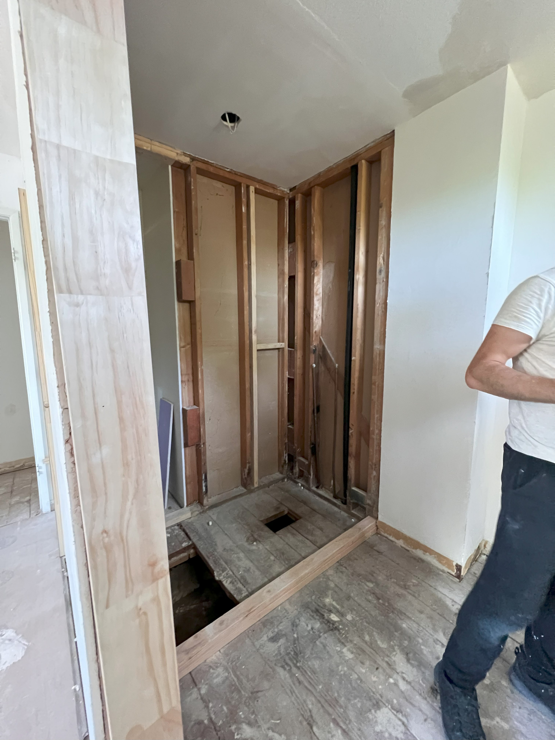 DURING!  Capturing the closet to enlarge the shower