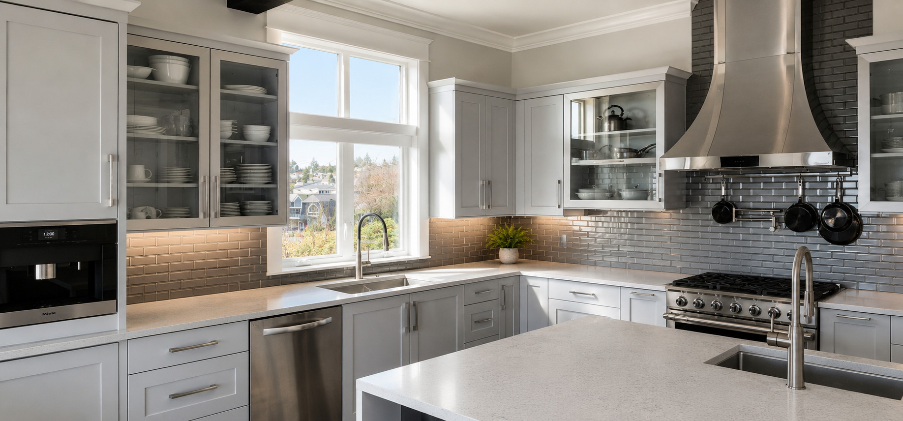Luxury Kitchen Featuring Waterfall Island and Custom Cabinetry