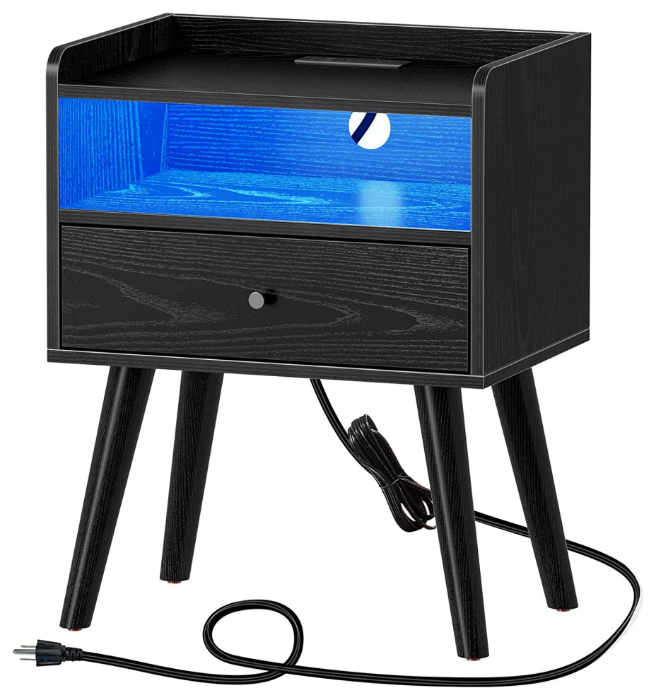 Mid Century Modern Nightstand with Charging Station and LED Lights