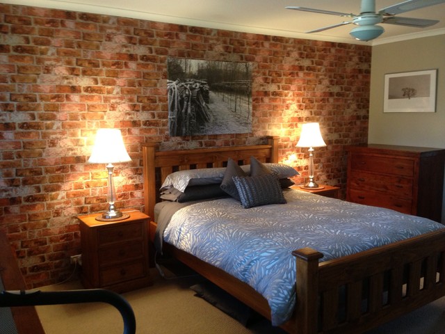 brick wallpaper accent wall in bedroom - rustic - bedroom - perth