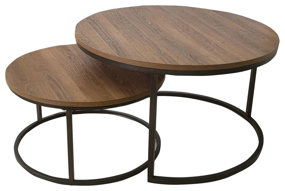 2 Pack Nest Coffee Table, Iron Base & Round Top Transitional Coffee