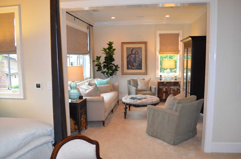 Large transitional master bedroom in Orange County with white walls, carpet and no fireplace.