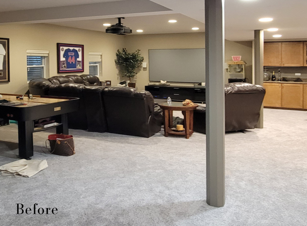 Large transitional underground vinyl floor and beige floor basement game room photo in Chicago with gray walls