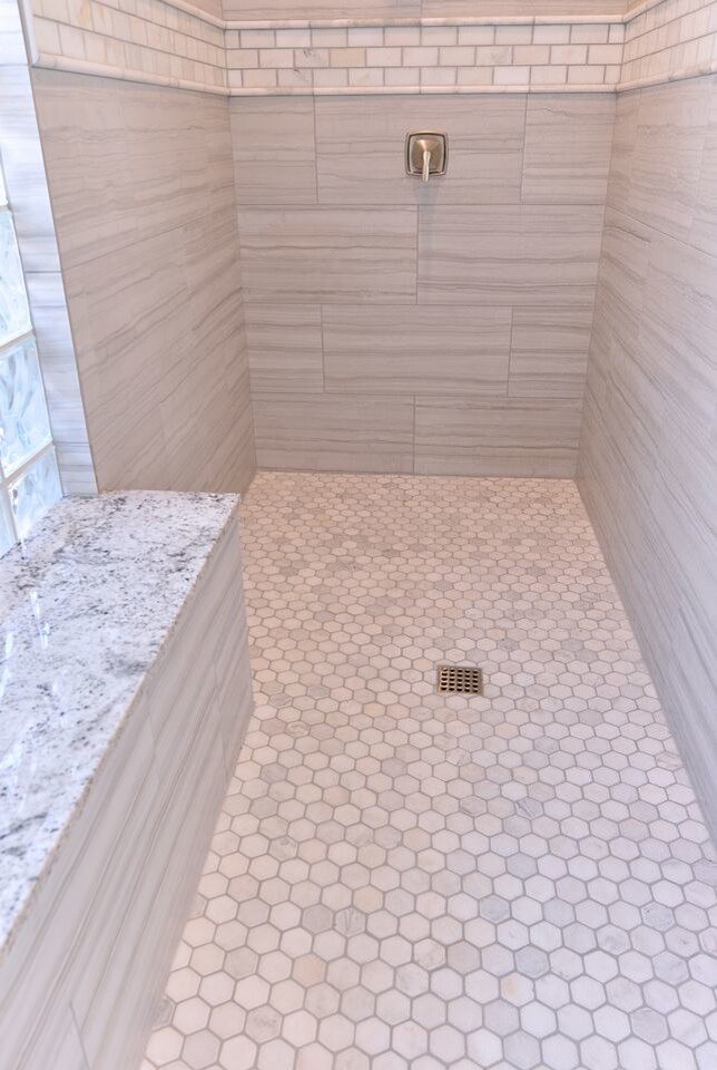 Inspiration for a mid-sized transitional 3/4 dark wood floor walk-in shower remodel in Phoenix with shaker cabinets, white cabinets, granite countertops, an undermount sink and beige walls
