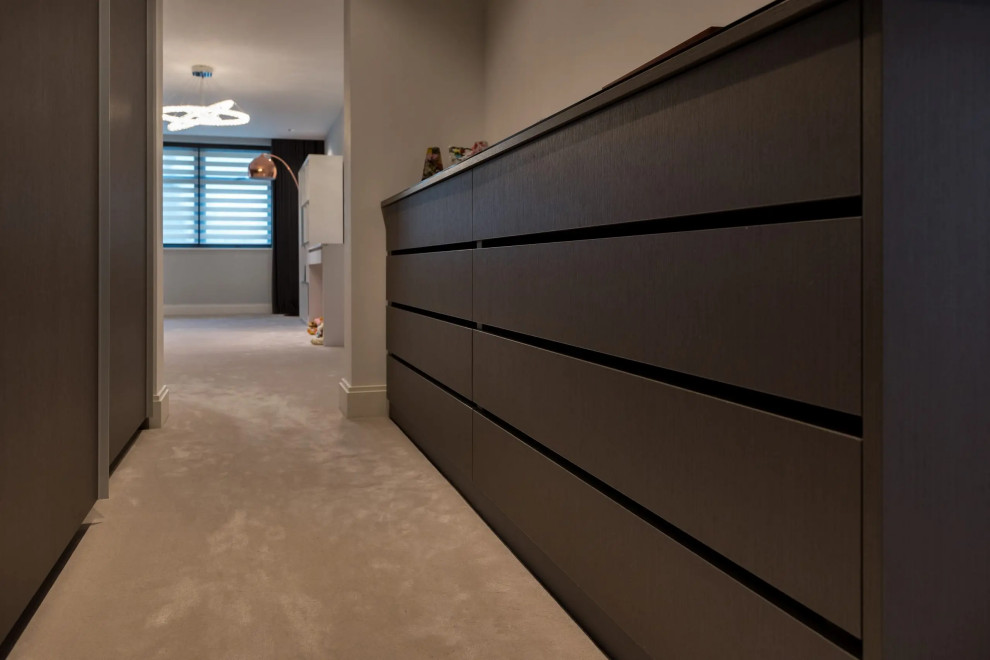 Inspiration for a small contemporary built-in wardrobe in London with flat-panel cabinets and feature lighting.