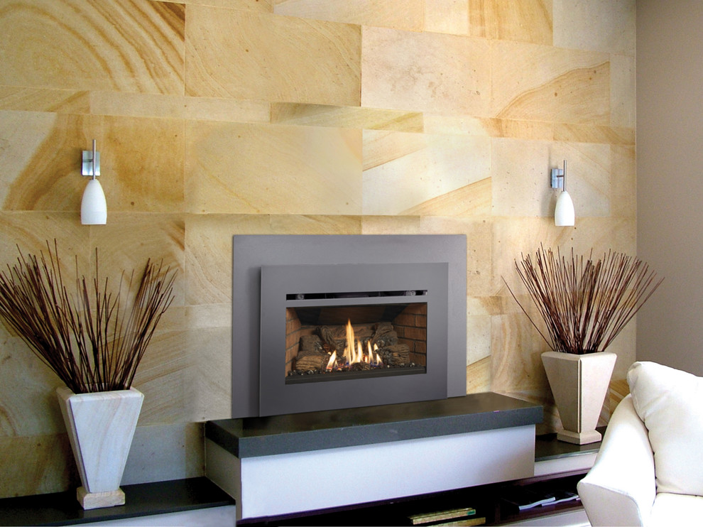 Photo of a mid-sized contemporary living room in Seattle with beige walls, ceramic floors, a hanging fireplace, a tile fireplace surround, no tv and black floor.