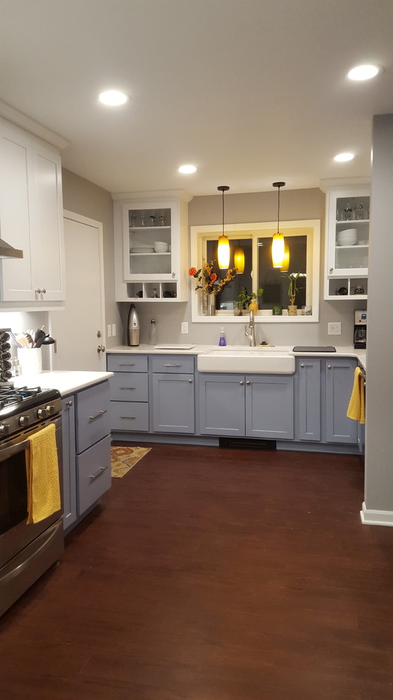 Enclosed kitchen - mid-sized transitional u-shaped vinyl floor enclosed kitchen idea with a farmhouse sink, recessed-panel cabinets, blue cabinets, quartz countertops, stainless steel appliances and a peninsula