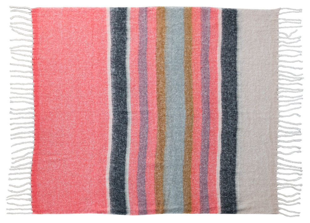 Striped Acrylic and Wool Throw Blanket, Pink and Blue