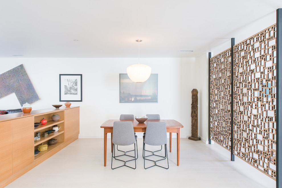 Mid-sized midcentury open plan dining in Los Angeles with white walls and light hardwood floors.