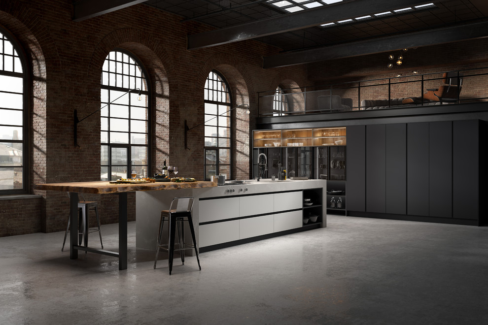 Photo of an expansive industrial single-wall open plan kitchen in Other with an undermount sink, open cabinets, black cabinets, concrete benchtops, stainless steel appliances, concrete floors, with island, grey floor and grey benchtop.