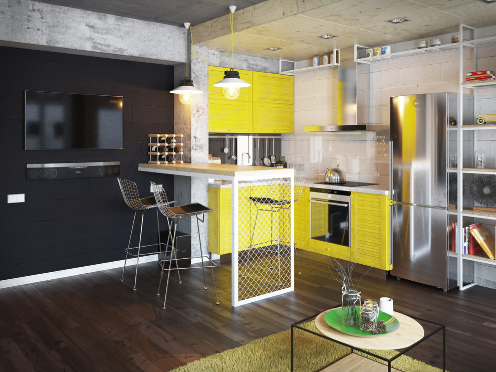 Inspiration for a small industrial loft-style dark wood floor kitchen remodel with black walls, a concrete fireplace and a wall-mounted tv