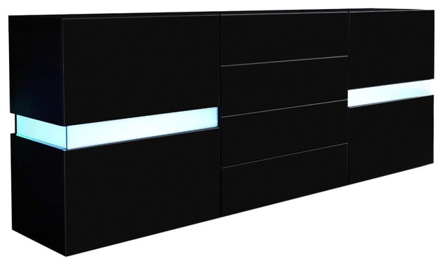 Sideboard Chest of Drawers, Black MDF With 2-Door and 4-Drawer, With LED Lights