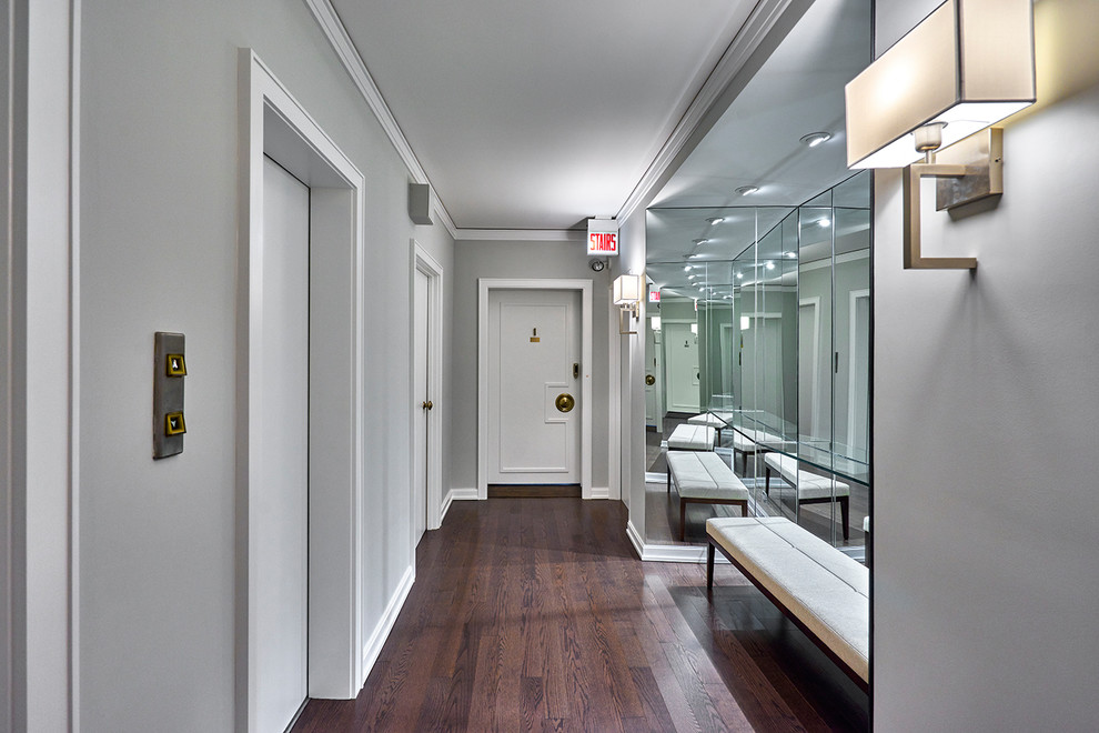 Foyer - mid-sized transitional dark wood floor and brown floor foyer idea in Chicago with gray walls and a white front door