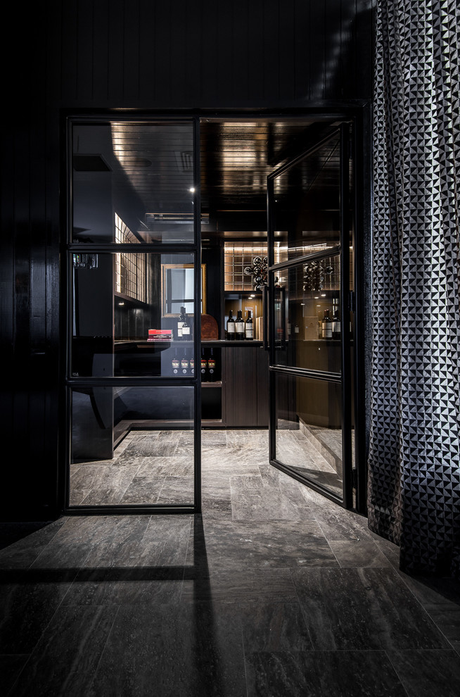 Inspiration for a large contemporary home bar in Perth with recessed-panel cabinets, dark wood cabinets, granite benchtops and mirror splashback.