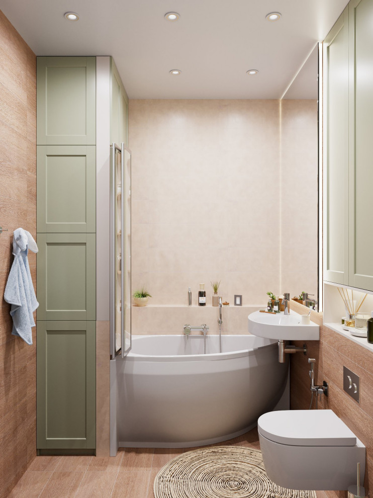 Inredning av ett minimalistiskt litet badrum, med ett hörnbadkar
