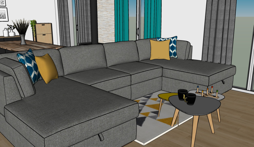 Small industrial formal and grey and yellow open plan living room in Other with beige walls, light hardwood flooring, no fireplace, a wall mounted tv and brown floors.