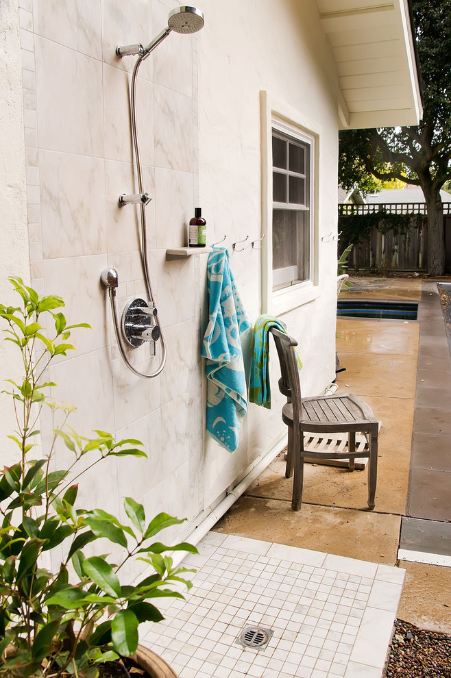 This is an example of a traditional patio in San Francisco with an outdoor shower.