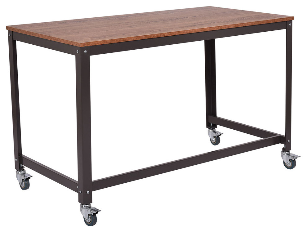 Costway Rolling Computer Desk Metal Frame PC Laptop Table Wood Top