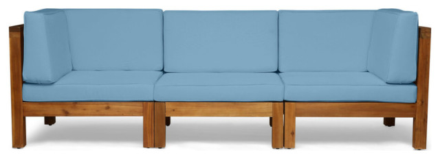 GDF Studio Keith Outdoor 3-Seater Acacia Wood Sectional Sofa Set, Teak/Blue