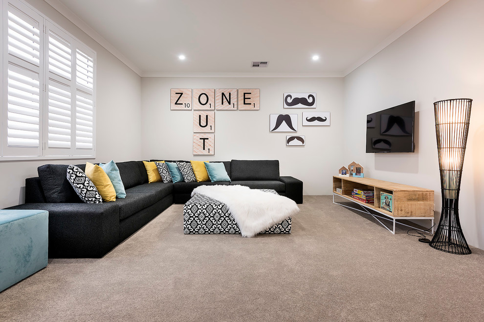 Design ideas for a mid-sized modern enclosed living room in Perth with white walls, carpet and a wall-mounted tv.