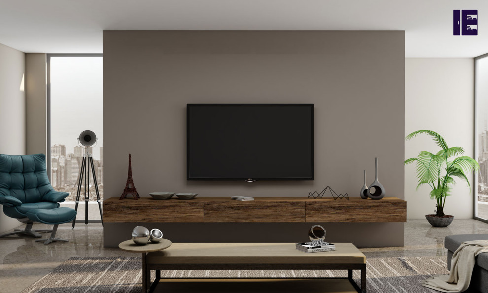 Design ideas for a large modern enclosed home cinema in London with a wall mounted tv and feature lighting.
