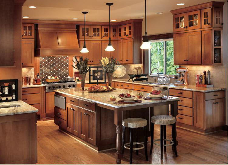 Inspiration for a mid-sized arts and crafts u-shaped kitchen pantry in Portland with a double-bowl sink, recessed-panel cabinets, medium wood cabinets, granite benchtops, beige splashback, cement tile splashback, stainless steel appliances, medium hardwood floors and with island.