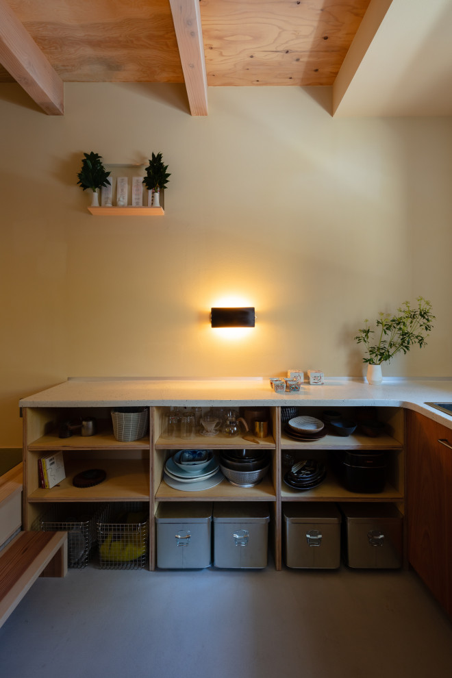 Idee per una piccola cucina con nessun'anta, top alla veneziana, pavimento in cemento, pavimento grigio e top bianco