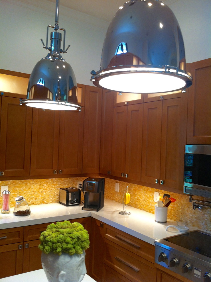 Example of a large transitional u-shaped ceramic tile and beige floor open concept kitchen design in Miami with a double-bowl sink, shaker cabinets, quartzite countertops, multicolored backsplash, stone tile backsplash, stainless steel appliances, an island and medium tone wood cabinets