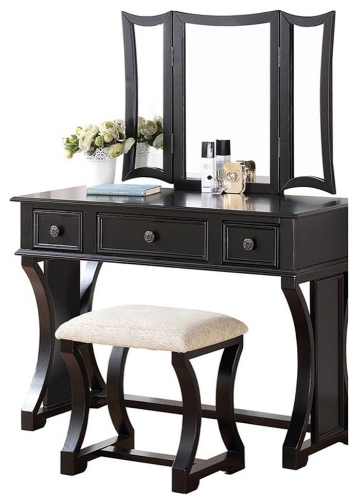 Bowery Hill Furniture Wood Vanity Set with Stool and Mirror in Black