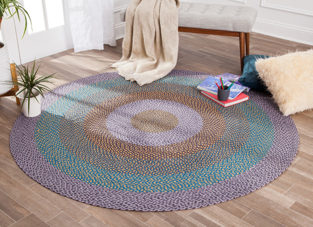 Round Blue And Yellow Blend Jute Rug 4, Round Contemporary Area Rugs