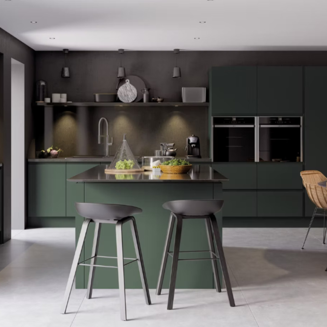 Handleless kitchen with curved slab doors and bold lines, designed by Luxe Kitchen Designs for a Hinckley property