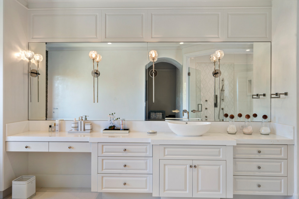 Design ideas for a large contemporary master bathroom in Orange County with raised-panel cabinets, white cabinets, a freestanding tub, grey walls, porcelain floors, a vessel sink, engineered quartz benchtops, white floor, white benchtops, a single vanity and a built-in vanity.