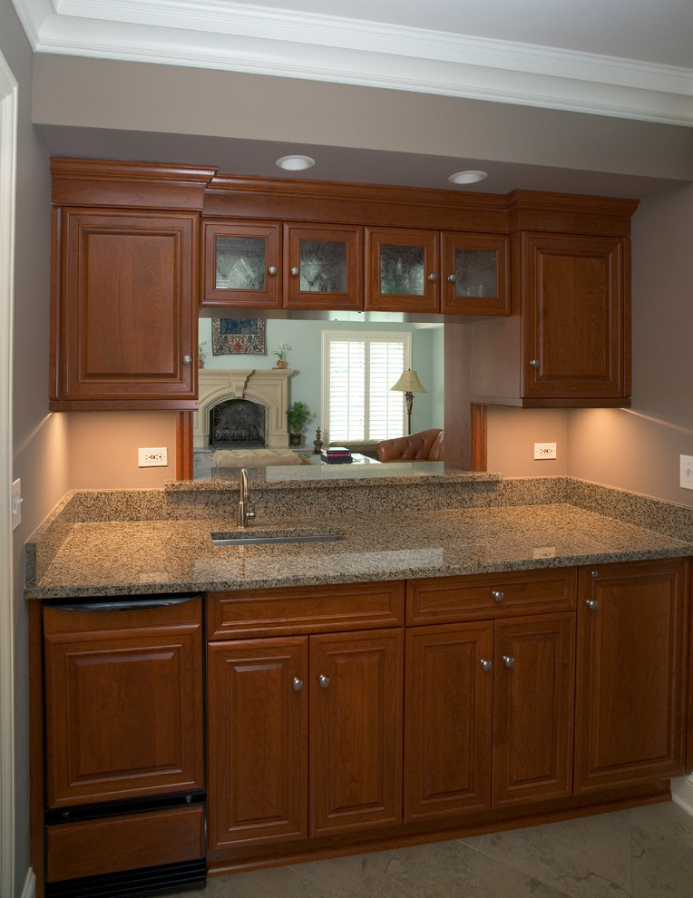 Brookhaven Raised Cabinet Cherry Wet Bar With Granite Island And