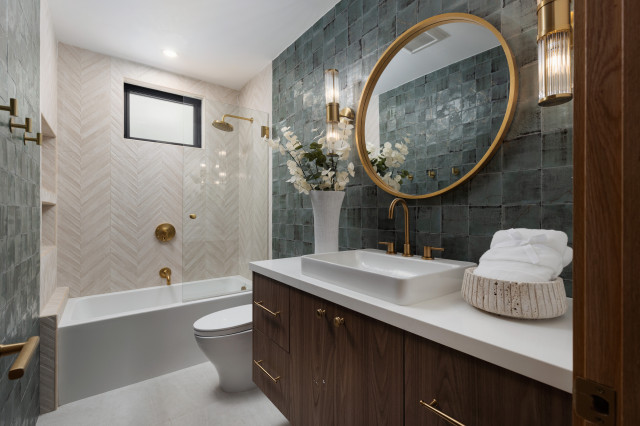 Guest Bathroom with Blue Tile Accent contemporary-bathroom