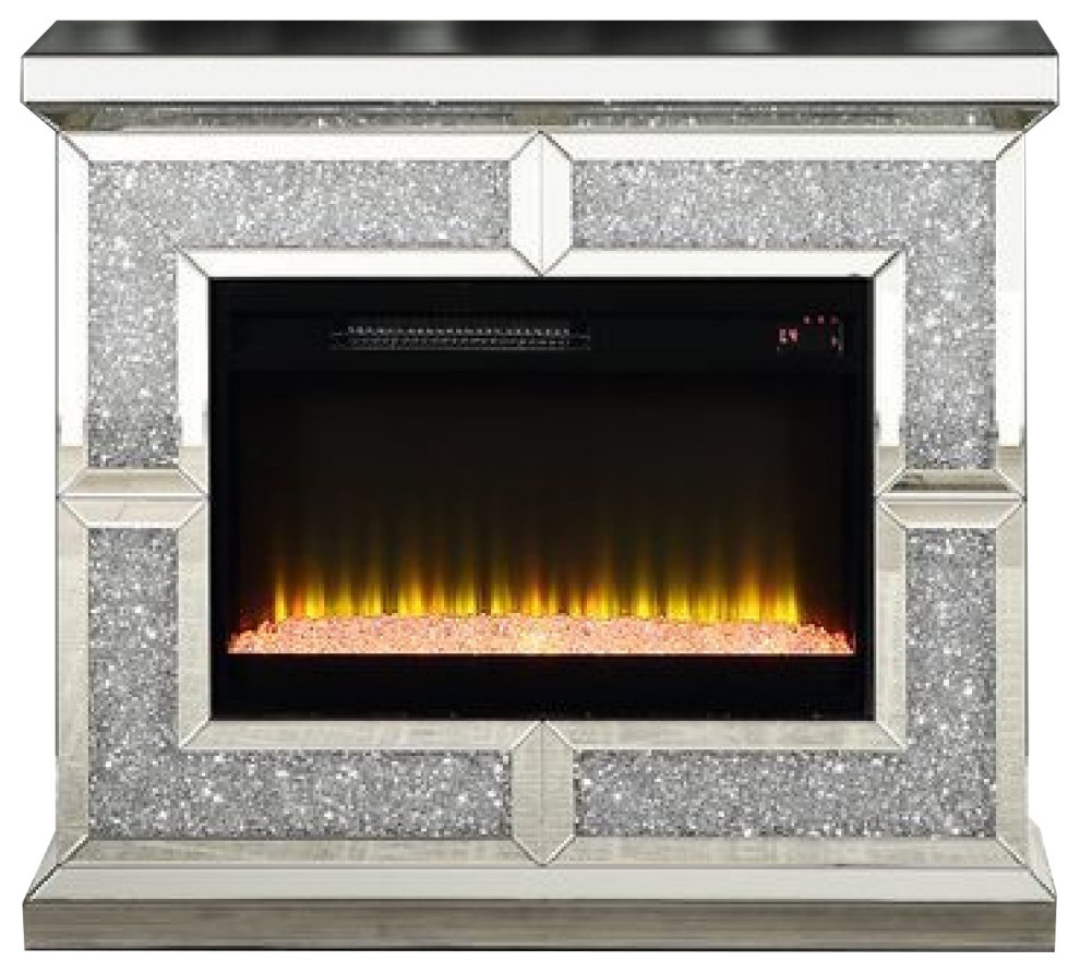Benzara BM275475 Mirrored LED Electric Fireplace, Remote, Faux Diamond, Silver