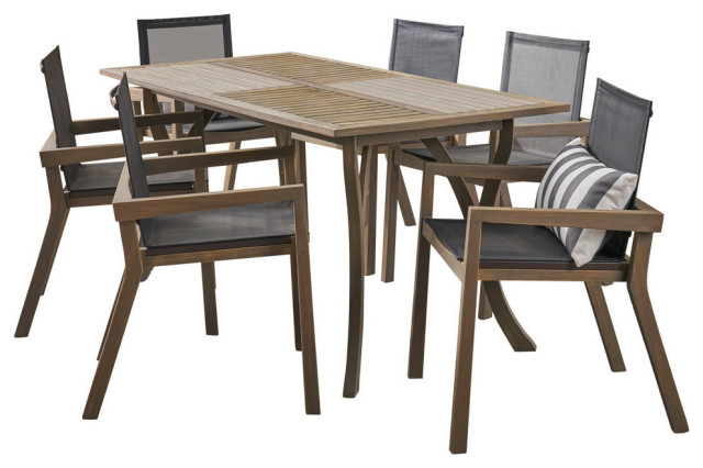 GDF Studio Kaur Outdoor Rectangular Acacia Wood Dining Set With Mesh Seats, Gray