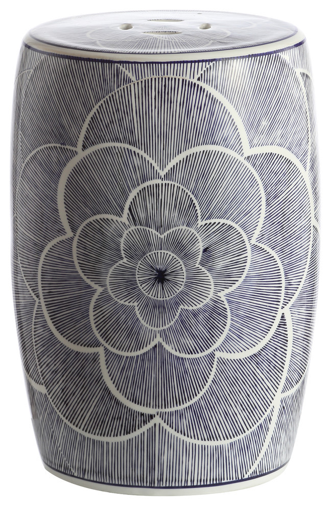 Camellia 17" Ceramic Drum Garden Stool, Blue Contemporary Accent