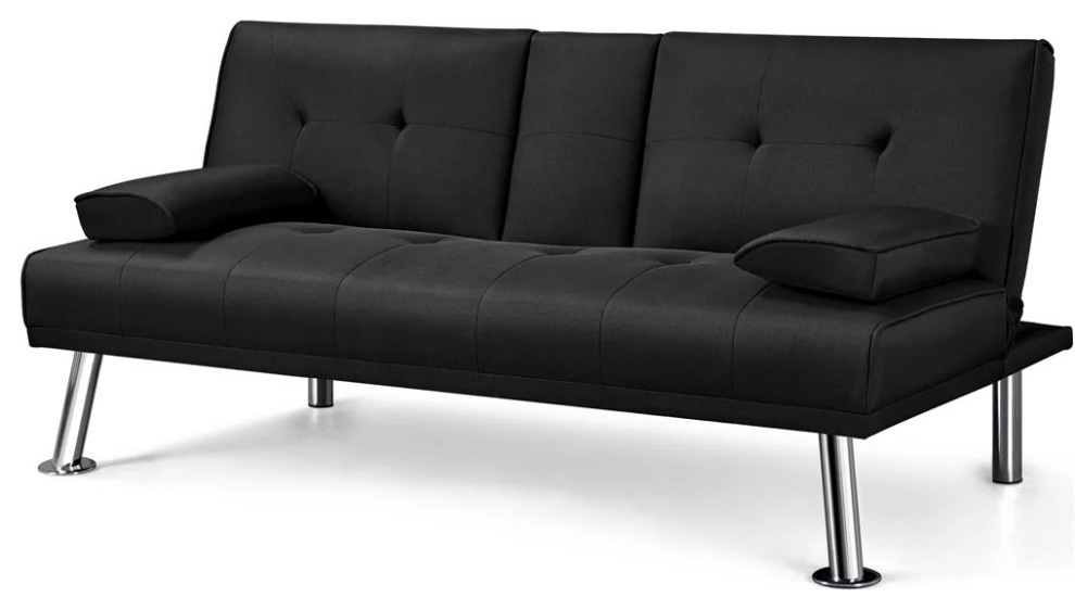 Black Modern Fabric Reclining Futon with Cupholders, Pillows, and