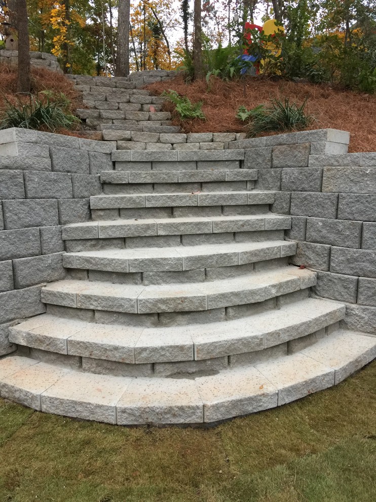 Modular Concrete Block Wall with Steps, Pressure Treated Timber Walls, Sod
