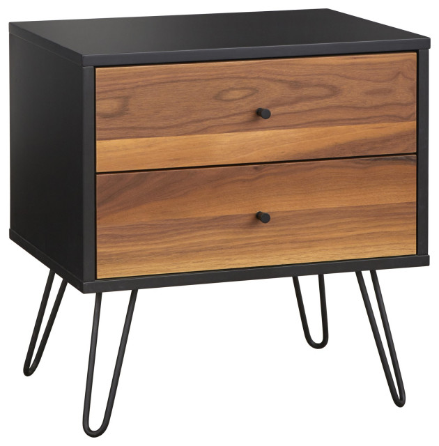 Midcentury Modern Nightstand, Hairpin Metal Legs & 2 Large Drawers