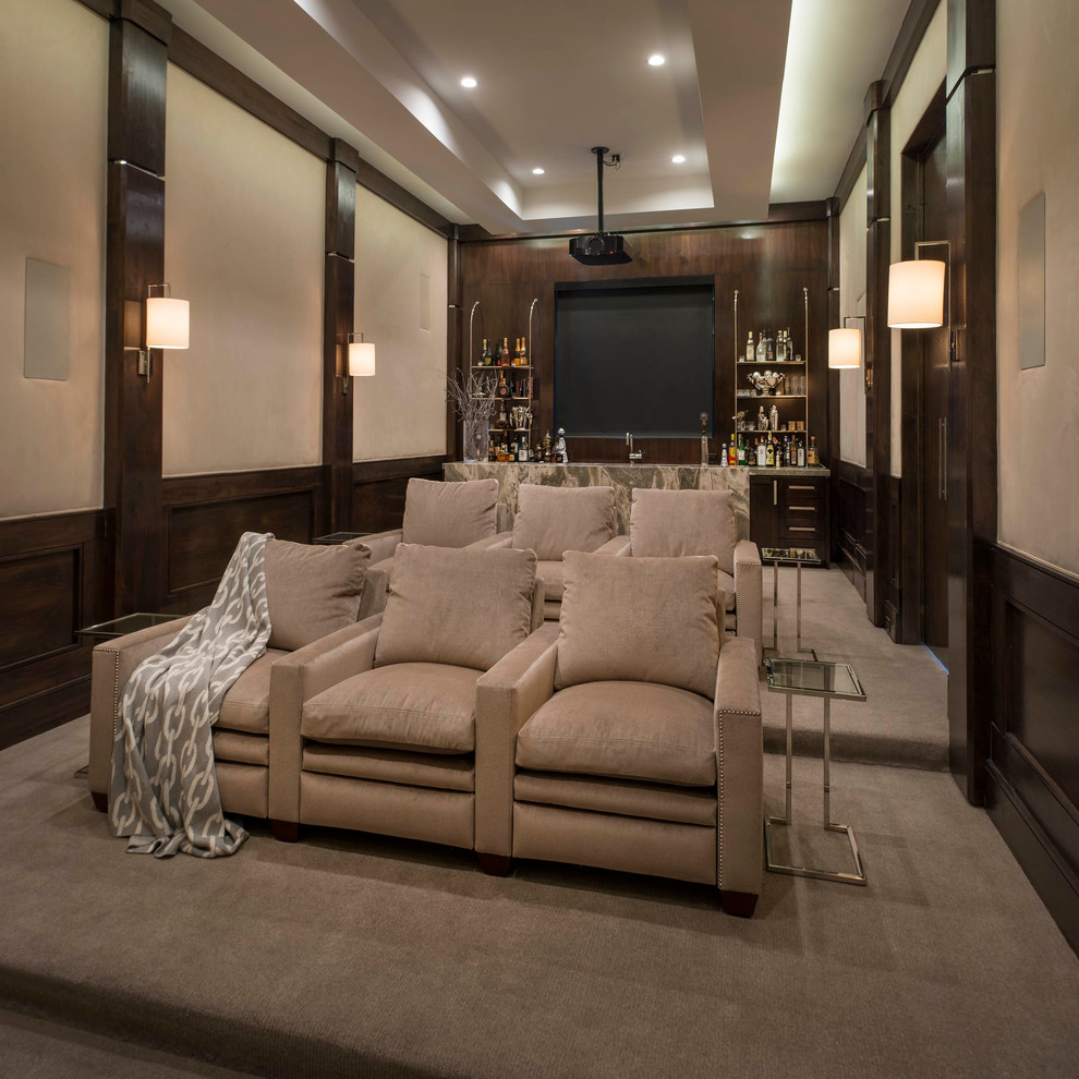 Photo of a mid-sized transitional enclosed home theatre in Dallas with beige walls, carpet, a projector screen and beige floor.