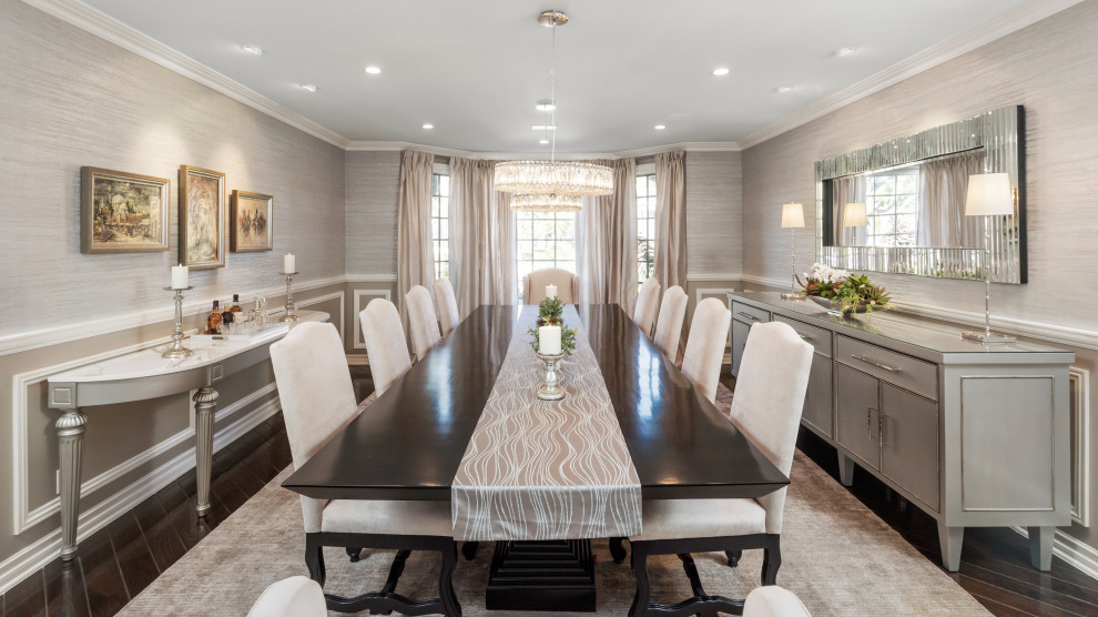 Inspiration for an expansive transitional dining room in Los Angeles with dark hardwood floors and brown floor.