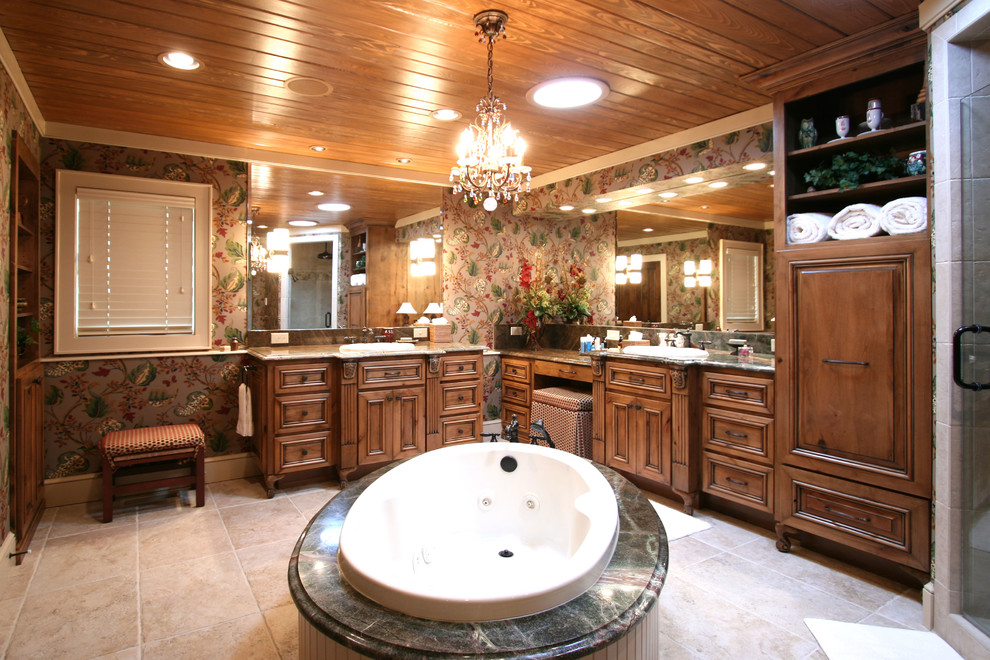 Inspiration for a traditional bathroom in Charlotte with a freestanding tub and granite benchtops.