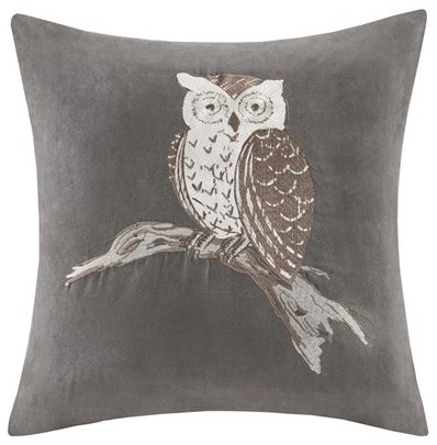 Owl Embroidered Suede Square Pillow, Gray