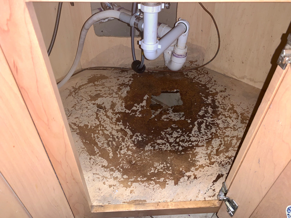 removing rotten particle board from beneath the kitchen sink