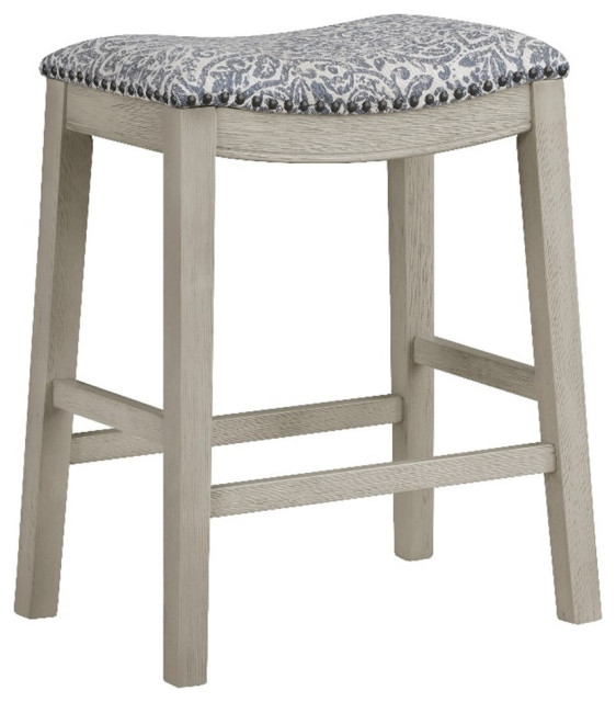 Saddle Stool 24" Counter Height in Damask Navy Fabric with Whitewashed