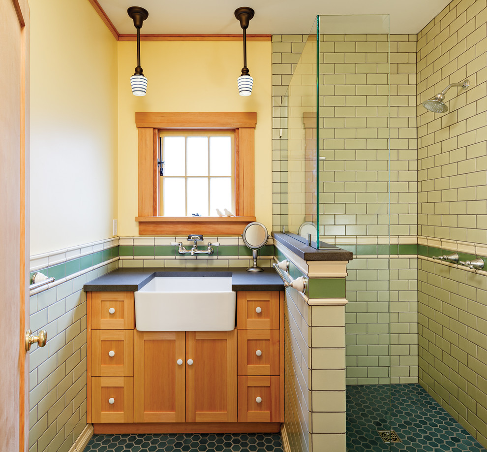 Inspiration for a contemporary bathroom in Portland with a drop-in sink, medium wood cabinets, an alcove shower, yellow tile, ceramic tile, yellow walls and ceramic floors.